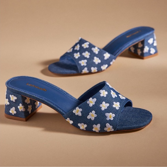 Larroude Shoes - NEW | Larroudé Brigitte Flower-Embroidered Denim Mules